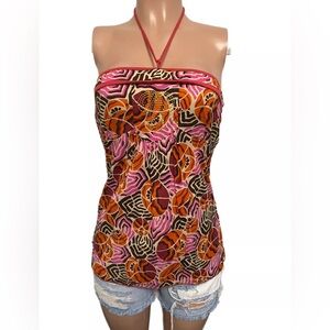 V2K 2000’s Orange Floral Ties at Neck Keyhole button back Halter top Boho S Nice